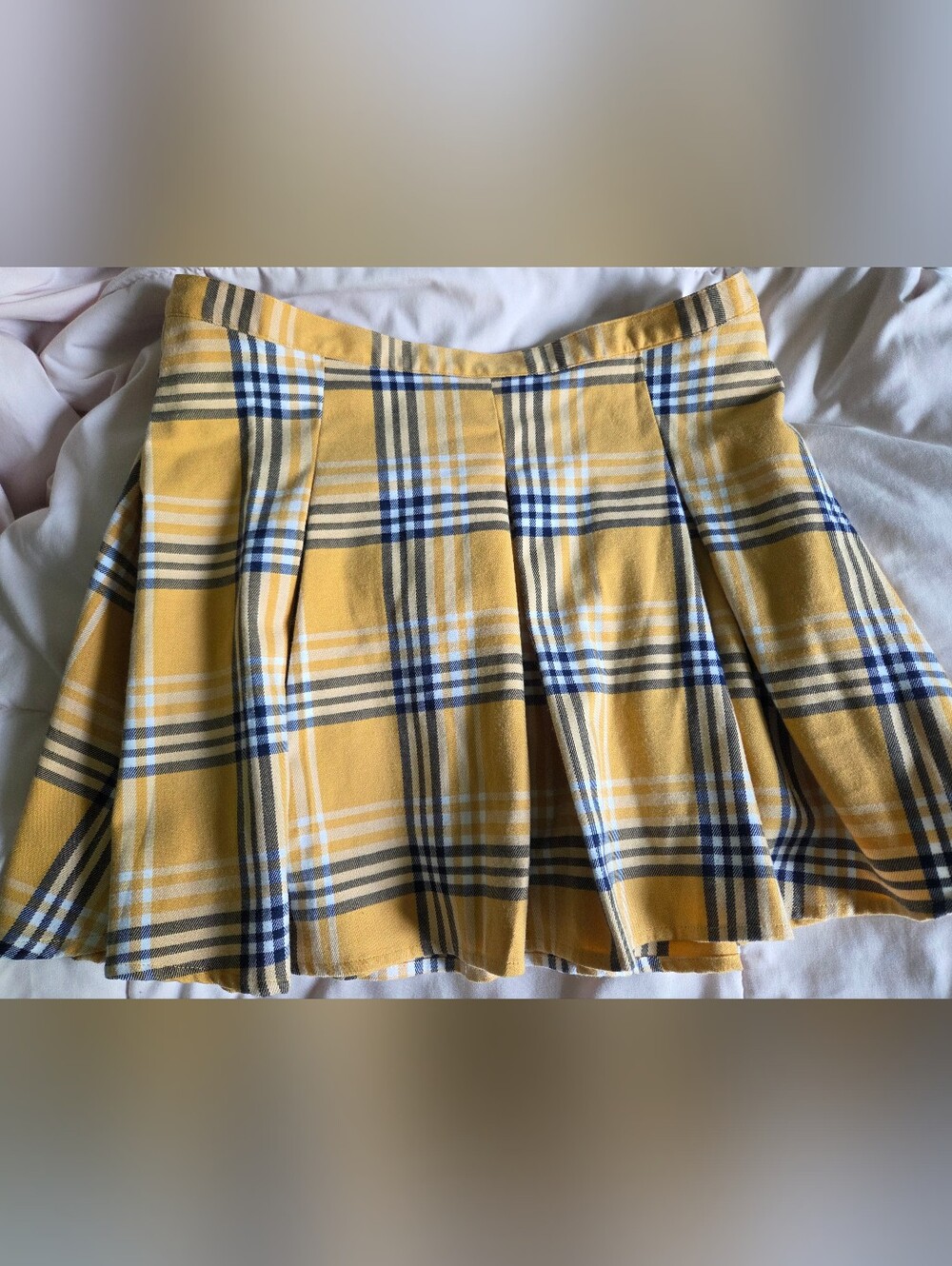 SO Yellow Plaid Pleated Mini Skirt with Navy and Cream